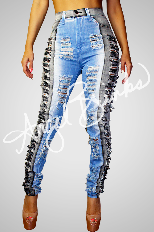 Two Tone Gray Shredded Jeans