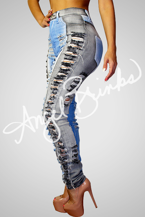 Two Tone Gray Shredded Jeans